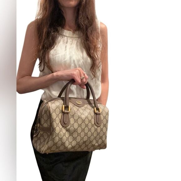 Gucci Brown Leather Satchel with Monogram Canvas - Picture 16 of 16